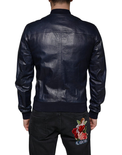 Dolce &amp; Gabbana Blå Lammeskinds Læder Bikerjakke med Lynlås
