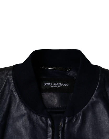 Dolce &amp; Gabbana Blå Lammeskinds Læder Bikerjakke med Lynlås