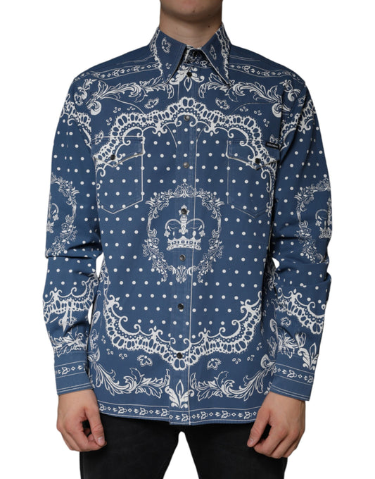 Dolce &amp; Gabbana Blå Hvid Bandana Print Bomulds Casual Skjorte