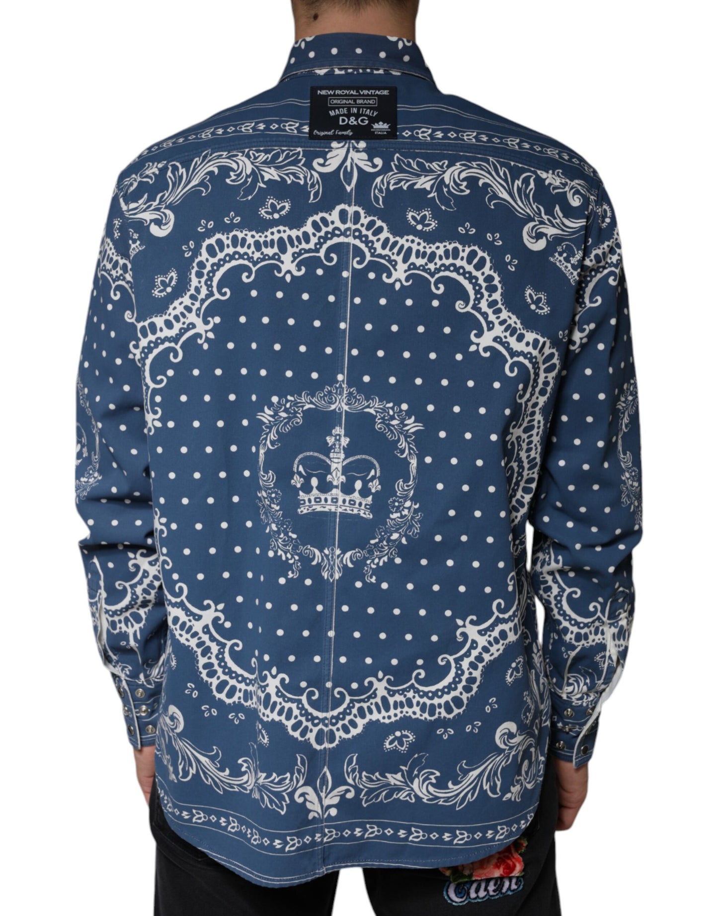 Dolce &amp; Gabbana Blå Hvid Bandana Print Bomulds Casual Skjorte