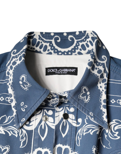 Dolce &amp; Gabbana Blå Hvid Bandana Print Bomulds Casual Skjorte
