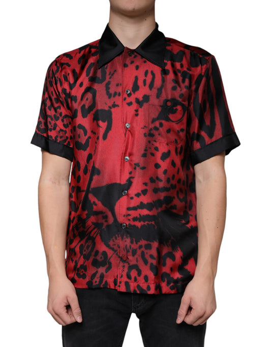 Dolce &amp; Gabbana Rød Leopard Silke Button Down Casual Skjorte