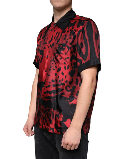 Dolce &amp; Gabbana Rød Leopard Silke Button Down Casual Skjorte