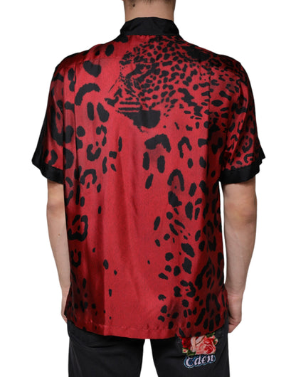 Dolce &amp; Gabbana Rød Leopard Silke Button Down Casual Skjorte