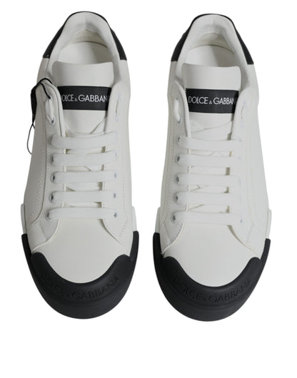 Dolce &amp; Gabbana Hvide Sorte Læder Logo Portofino Sneakersko