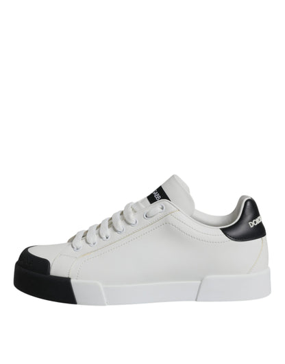 Dolce &amp; Gabbana Hvide Sorte Læder Logo Portofino Sneakersko