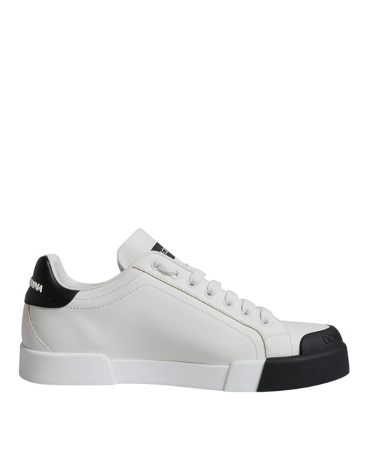Dolce &amp; Gabbana Hvide Sorte Læder Logo Portofino Sneakersko