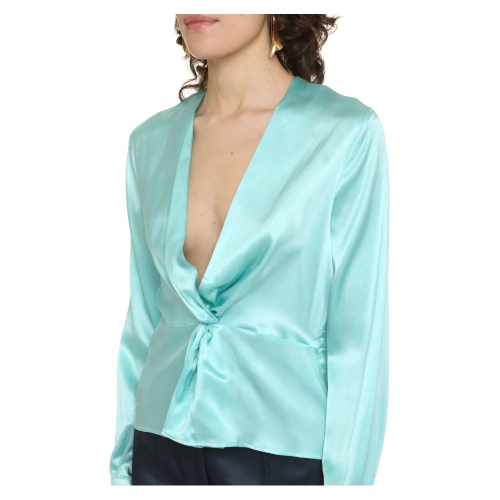 PINKO Green Silk Women Blouse with Deep V-Neck Detail