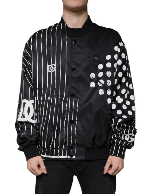 Dolce &amp; Gabbana Sort Nylon Bomberjakke med Polkaprikker og Striber