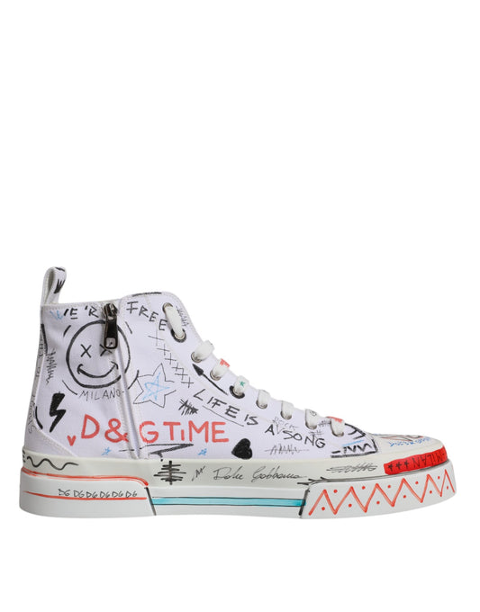 Dolce &amp; Gabbana Hvide Bomuldsgraffiti High Top Sneakers Sko