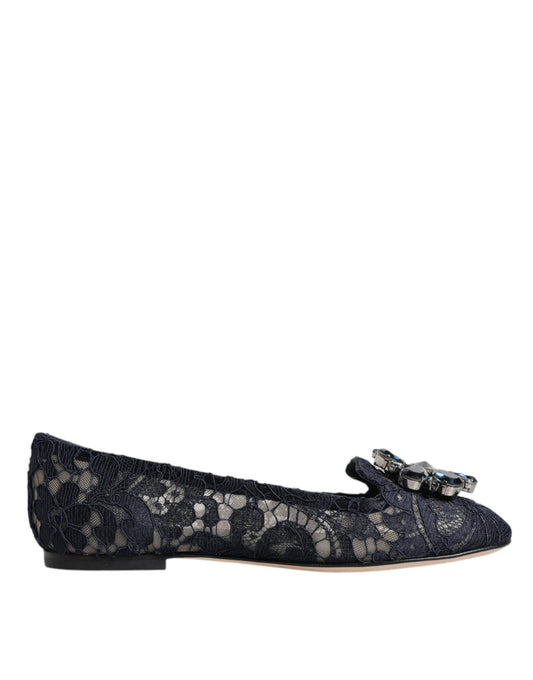 Dolce &amp; Gabbana Blue Taormina Lace Crystals Flats Sko