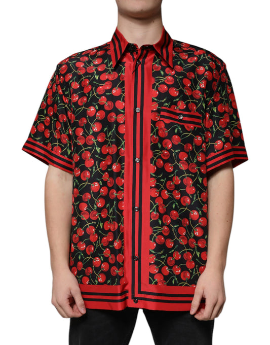 Dolce &amp; Gabbana Sort Kirsebærsilke Skjorte med Knapper og Afslappet Stil