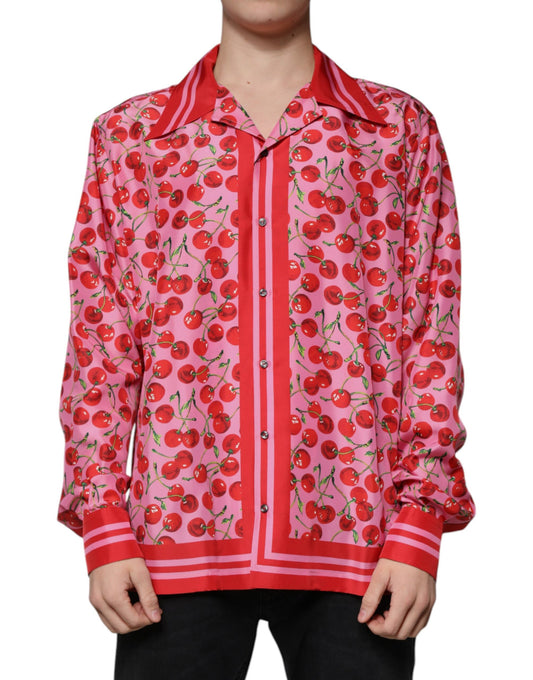 Dolce &amp; Gabbana Pink Cherry Silke Button Down Casual Skjorte