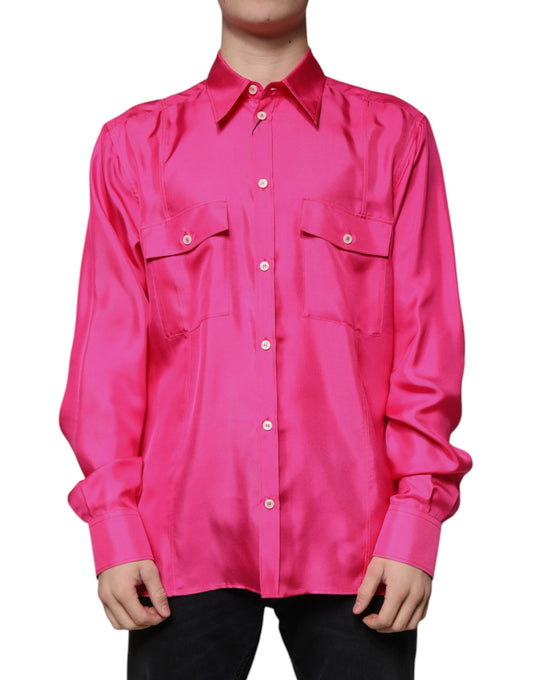 Dolce &amp; Gabbana Lyserød Silkekrave Herreskjorte Med Button Down-Stil