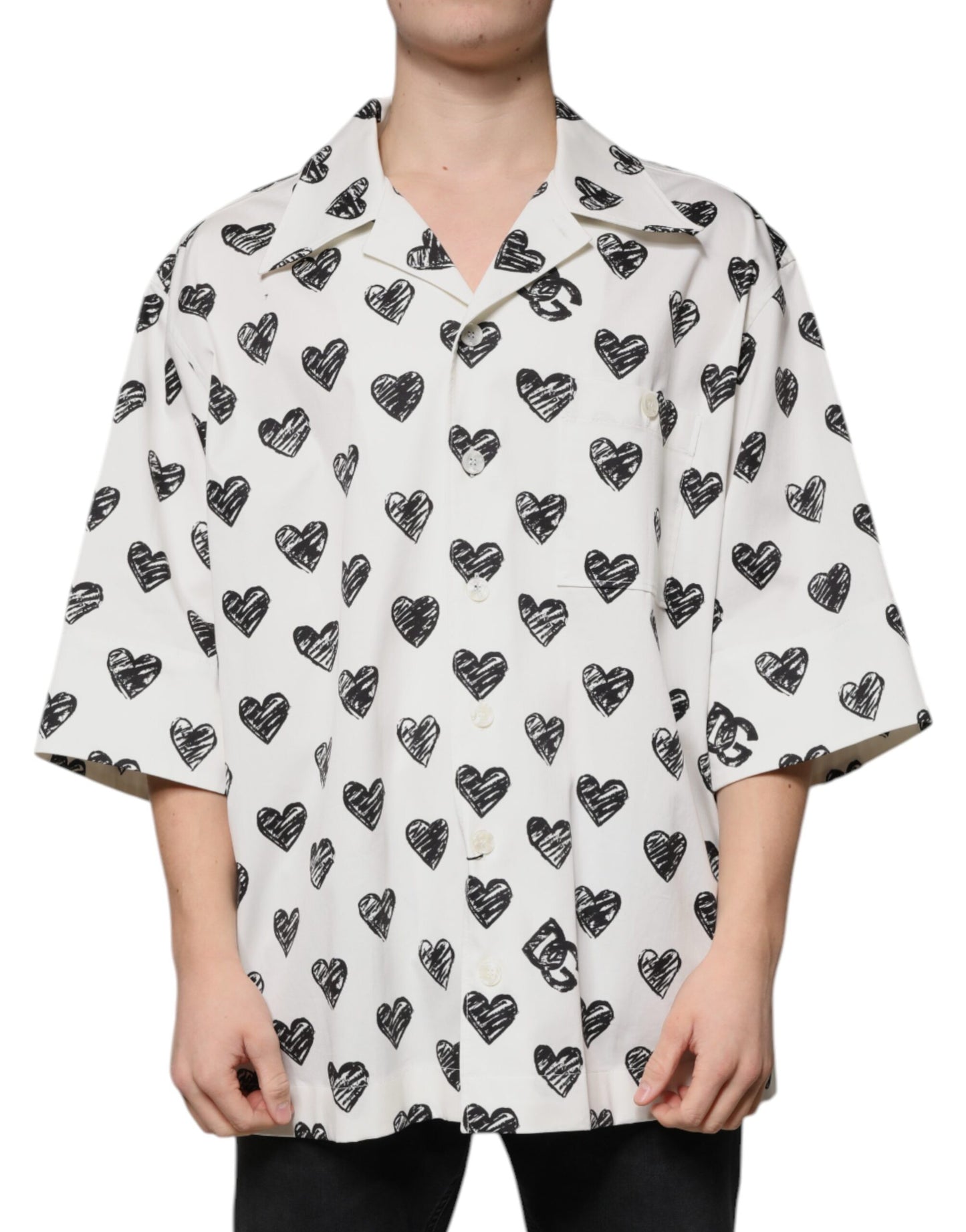 Dolce &amp; Gabbana Hvid Hjerteprint Kortærmet Casual Skjorte