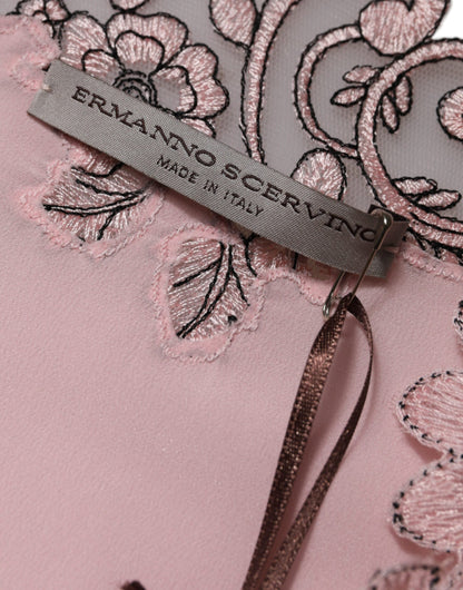 Ermanno Scervino Lyserød Blomsterblonder Midikjole med Korte Ærmer og V-hals