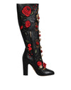 Dolce & Gabbana Black Roses Embellished Leather Heel Boots Shoes