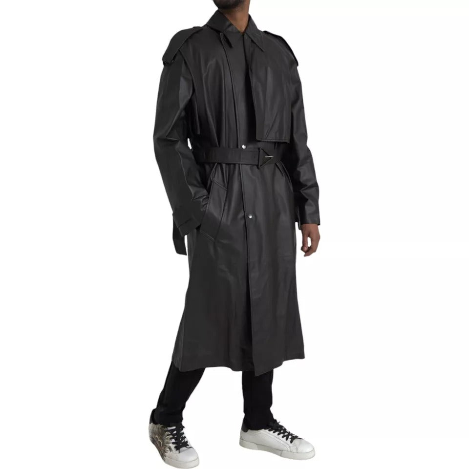 Bottega Veneta Black Leather Men Waterproof Trenchcoat Jacket