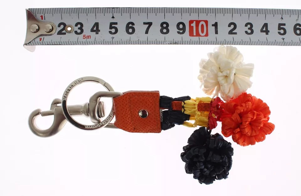 Dolce & Gabbana Silver Brown Raffia Leather Clasp Finder Chain Keyring