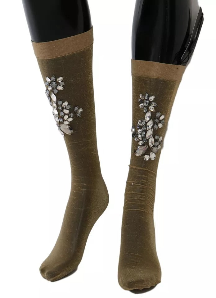 Dolce & Gabbana Gold Stretch Floral Clear Crystal Stocking Socks