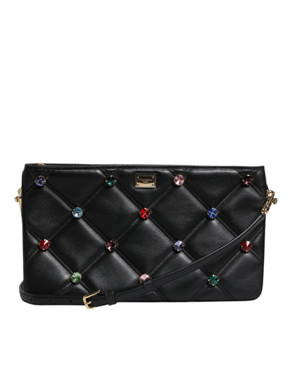 Dolce &amp; Gabbana sort læder skuldertaske med krystaludsmykning og logo