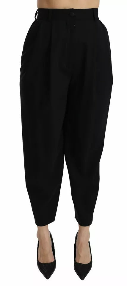 Dolce & Gabbana Black Wool High Waist Pleat Front Cropped Pants