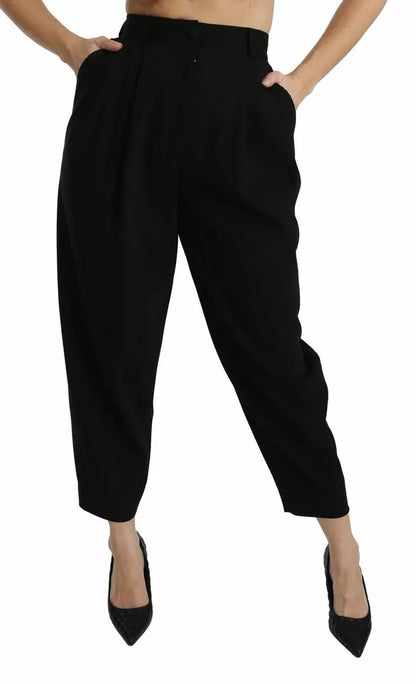 Dolce & Gabbana Black Wool High Waist Pleat Front Cropped Pants