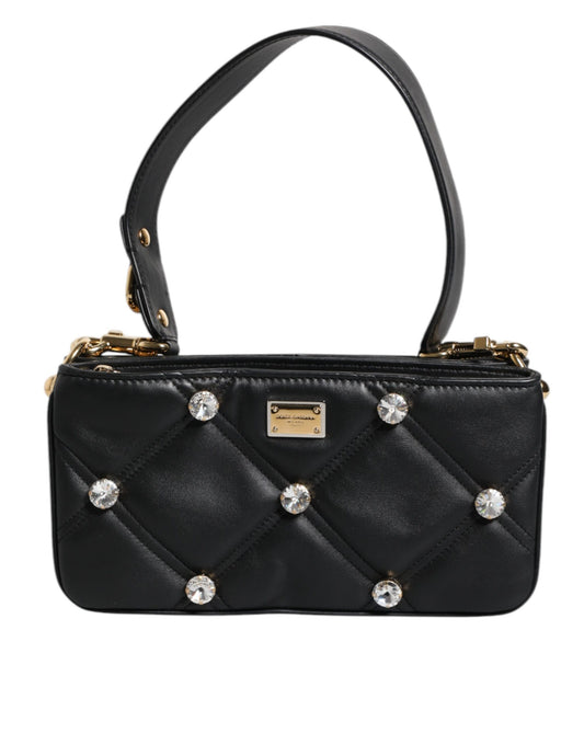 Dolce &amp; Gabbana sort læder skuldertaske med krystaludsmykning og logo