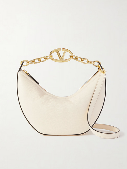 Valentino Garavani Ivory Leather Small Hobo Vlogo Skuldertaske