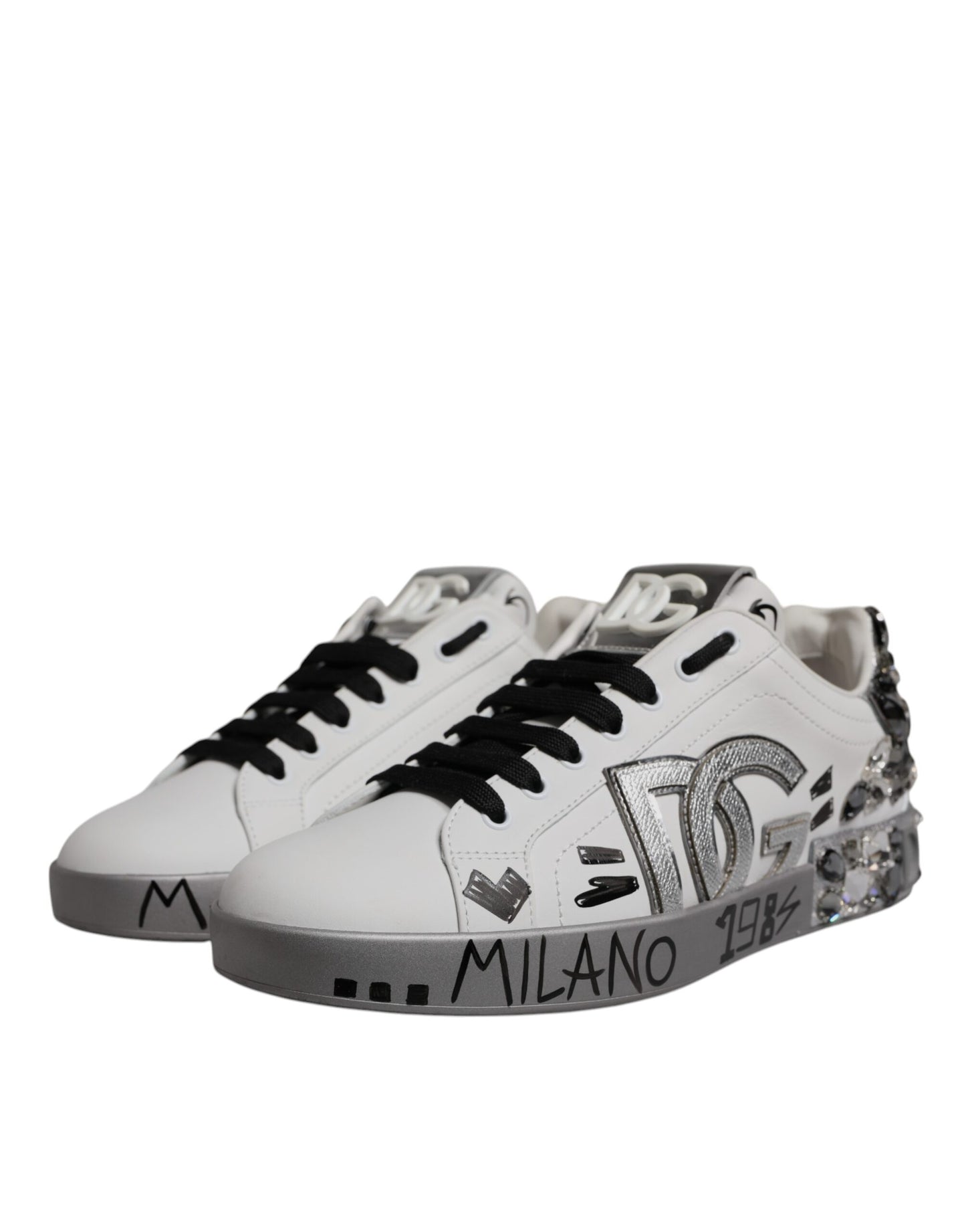 Dolce &amp; Gabbana Hvide Sølv Krystallogo Portofino Sneakers Sko