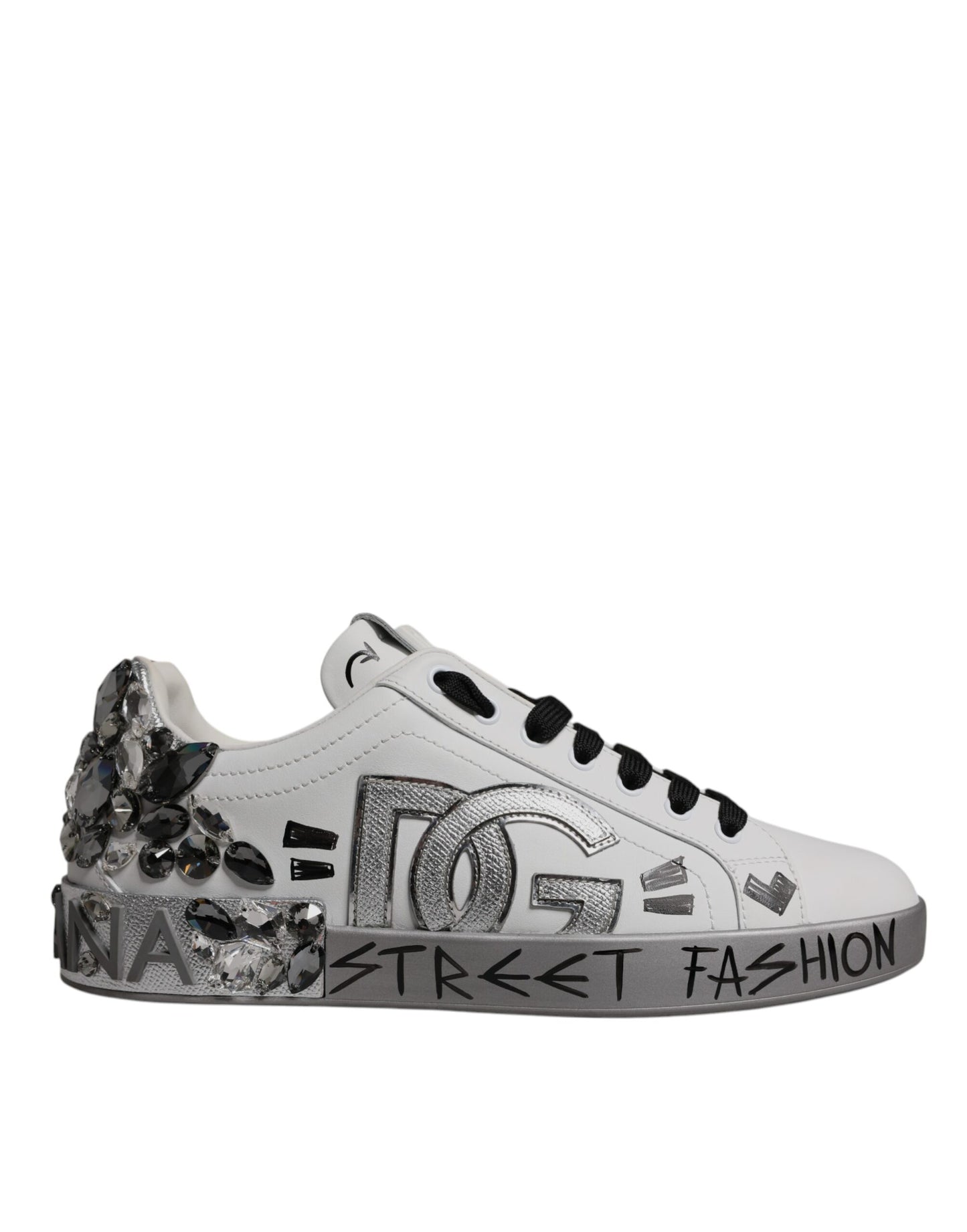 Dolce &amp; Gabbana Hvide Sølv Krystallogo Portofino Sneakers Sko