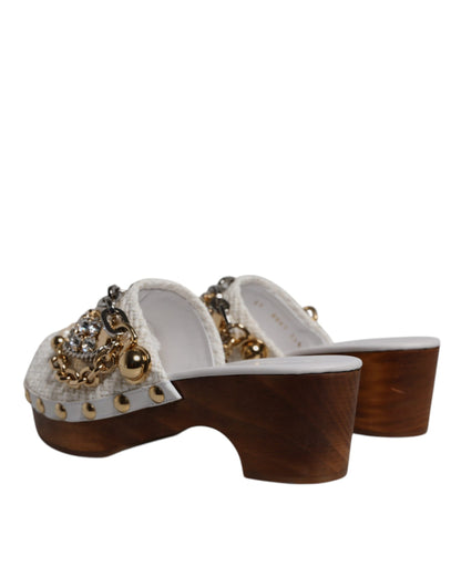 Dolce &amp; Gabbana Hvide Raffia Træsko Bejeweled Kædesandaler Sko