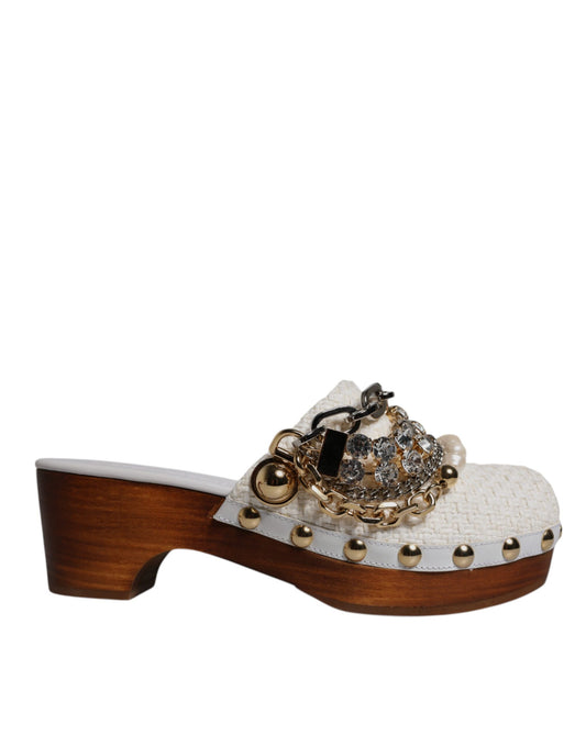 Dolce &amp; Gabbana Hvide Raffia Træsko Bejeweled Kædesandaler Sko