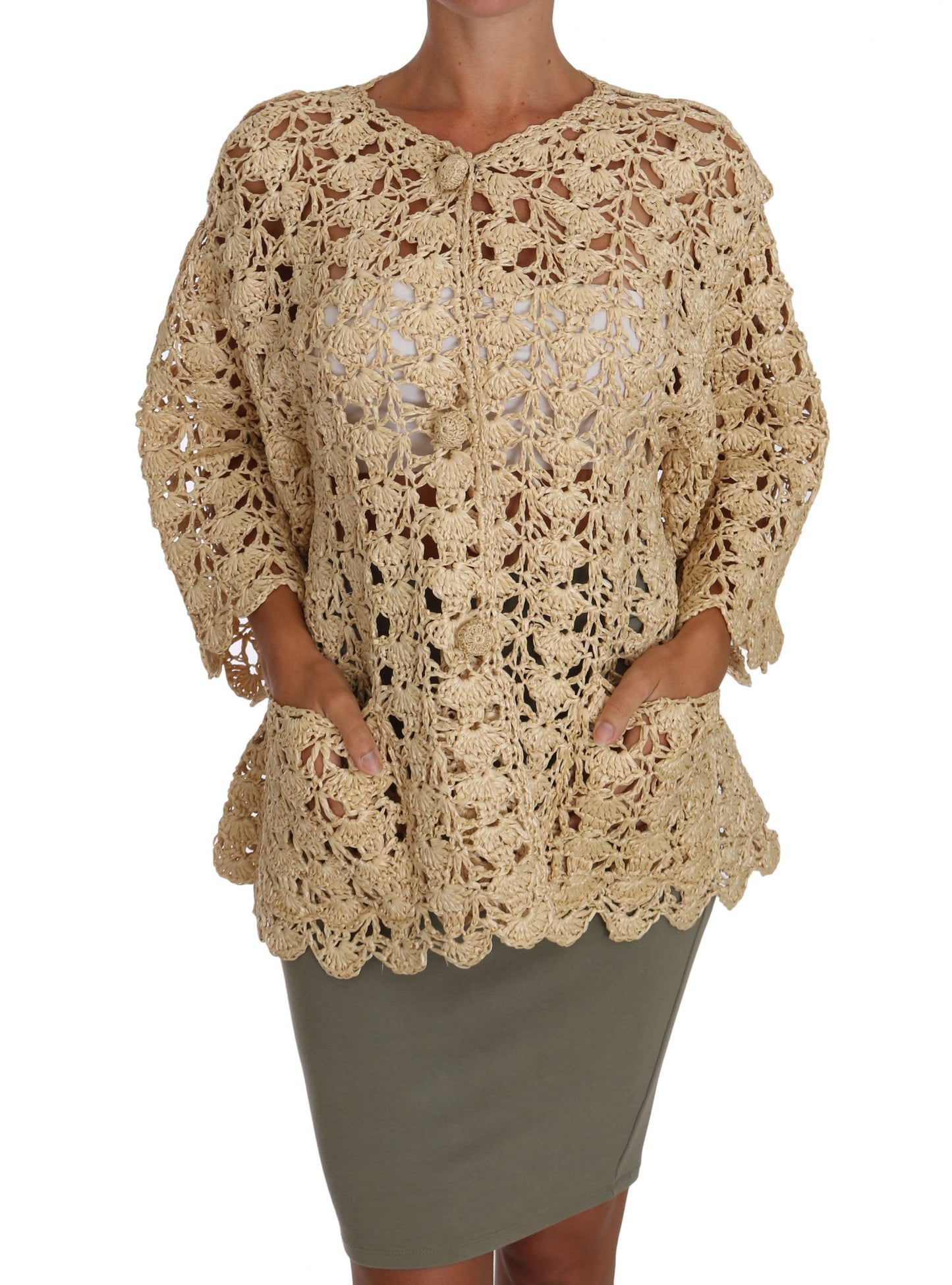 Dolce &amp; Gabbana Chic Beige Hæklet Raffia Cardigan