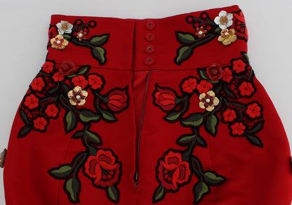 Dolce &amp; Gabbana Glamorous Red Silke Shorts med Broderi og Blomsterprint