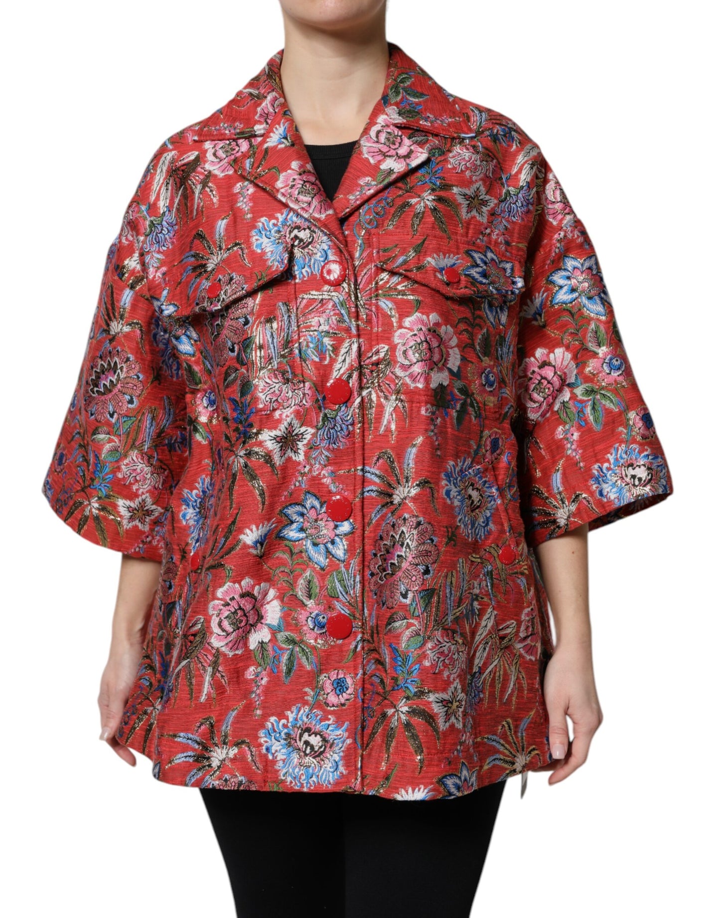 Dolce &amp; Gabbana Rød Blomsterjacquard Frakke med Knapper