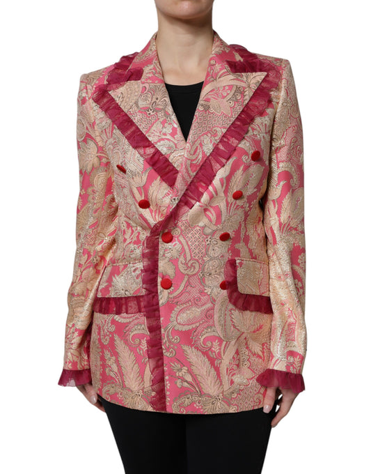 Dolce &amp; Gabbana Pink Gold Jacquard Nylon Frakke Blazer Jakke