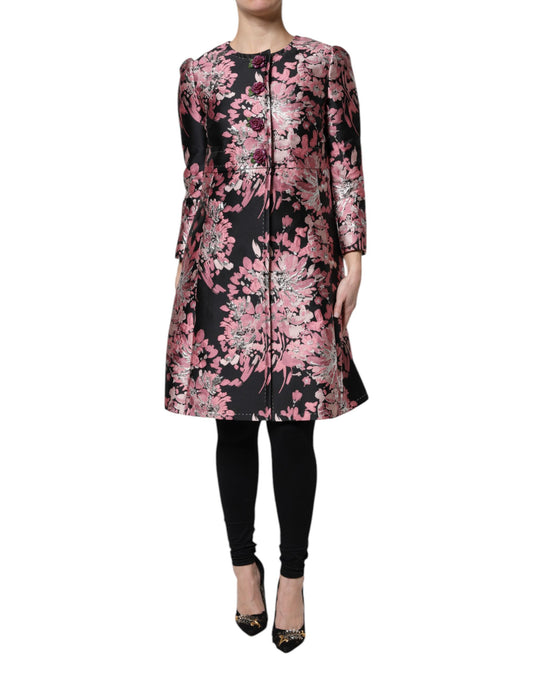 Dolce &amp; Gabbana Pink Sort Blomsterbrokade Trenchcoat Jakke