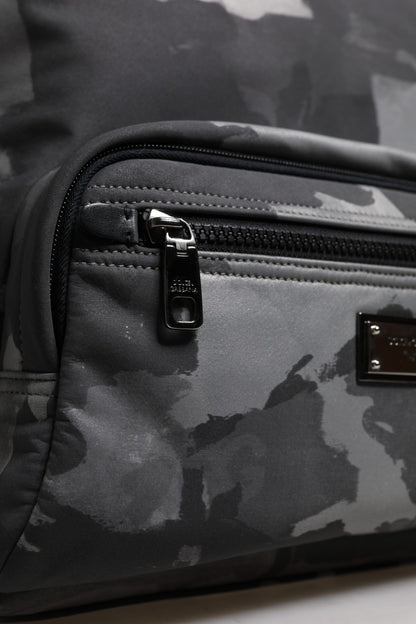 Dolce & Gabbana Gray Cotton Camouflage Logo Plaque Backpack Bag