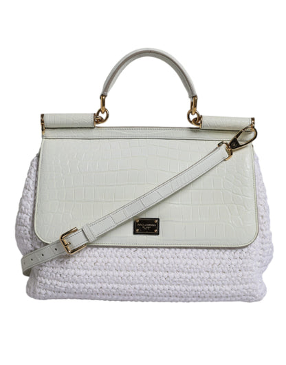 Dolce &amp; Gabbana Hvid Rafia Læder Crossbody Taske med Top Handle