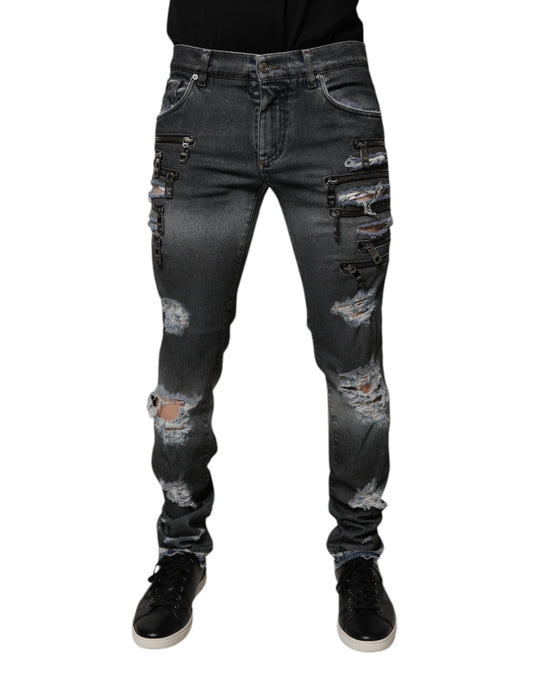 Dolce &amp; Gabbana Mørkegrå Skinny Denim Jeans i Lasset Bomuld