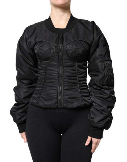 Dolce &amp; Gabbana Sort Nylon Full Zip Bustier Korsetjakke