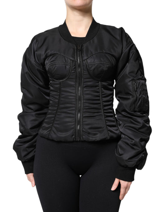 Dolce &amp; Gabbana Sort Nylon Full Zip Bustier Korsetjakke