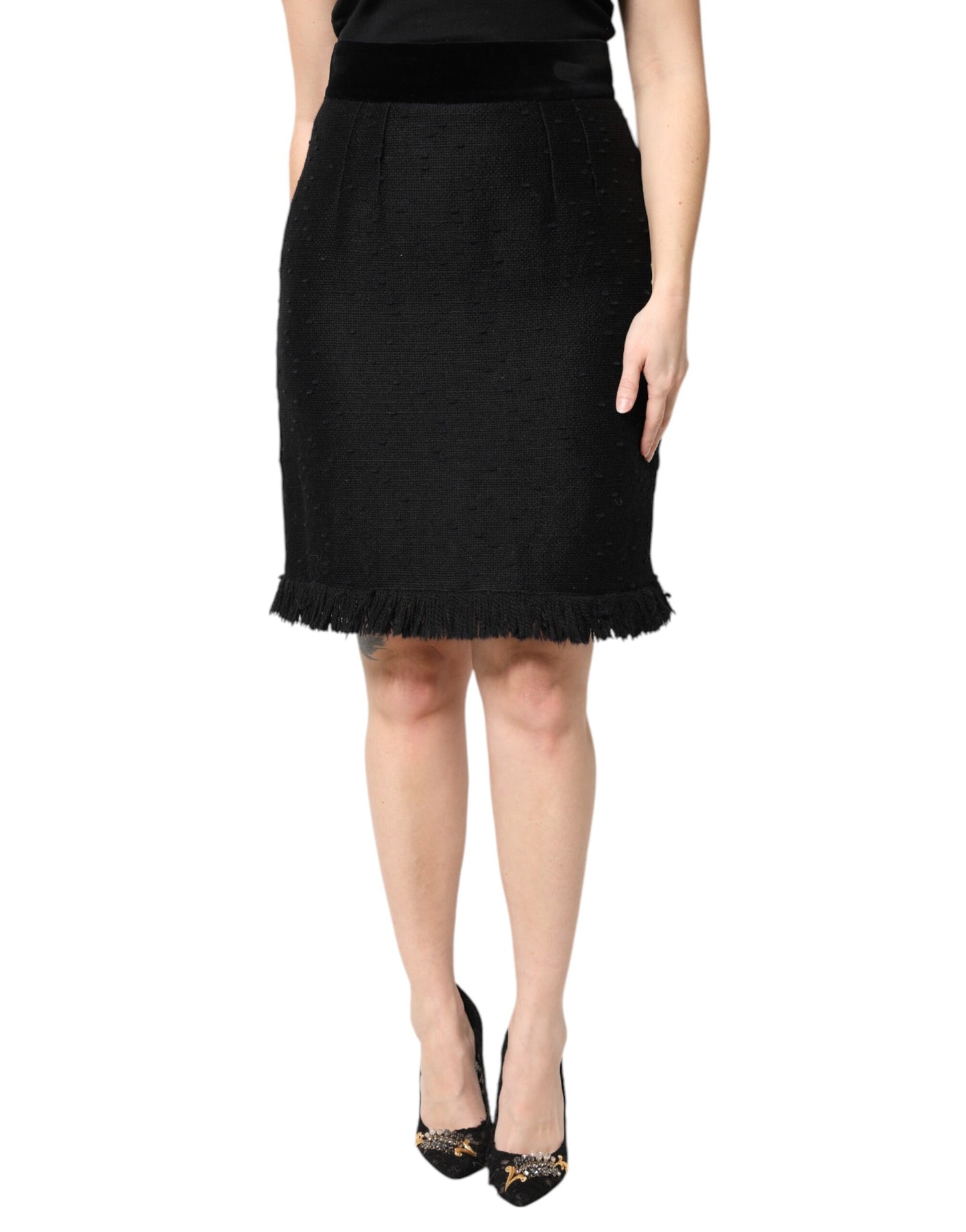 Dolce &amp; Gabbana Sort Uld Frynser Højtaljet Pencil Mini Nederdel