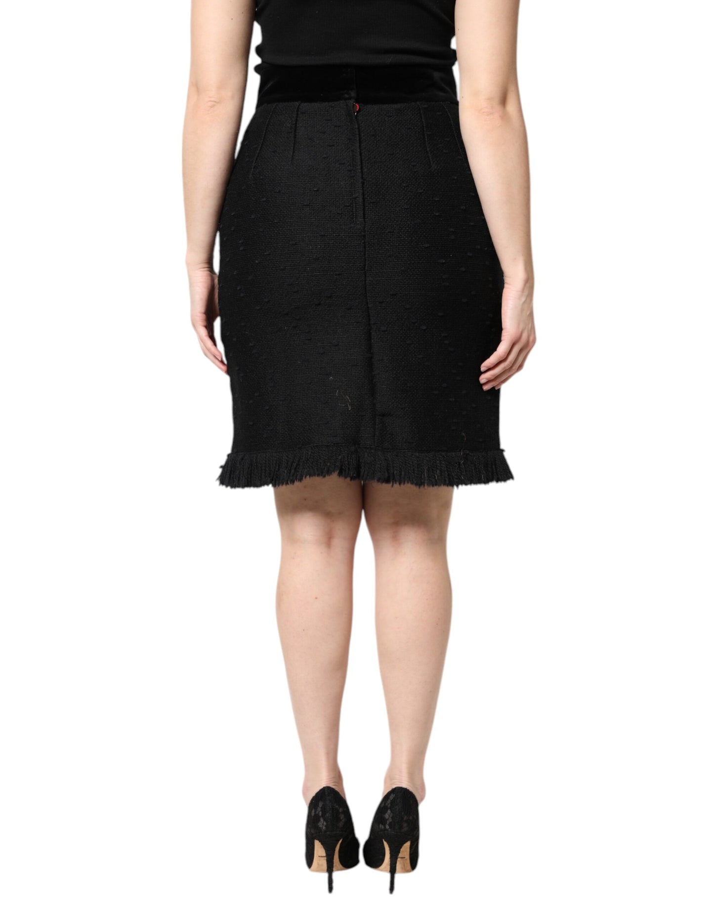 Dolce &amp; Gabbana Sort Uld Frynser Højtaljet Pencil Mini Nederdel