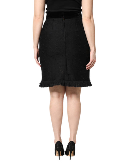 Dolce &amp; Gabbana Sort Uld Frynser Højtaljet Pencil Mini Nederdel