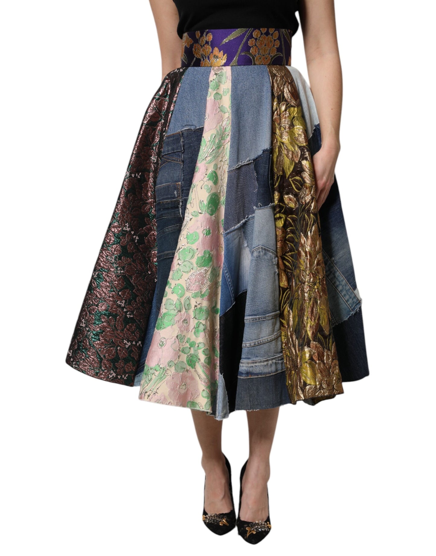 Dolce &amp; Gabbana Flerfarvet Patchwork Højtaljet Midi-nederdel