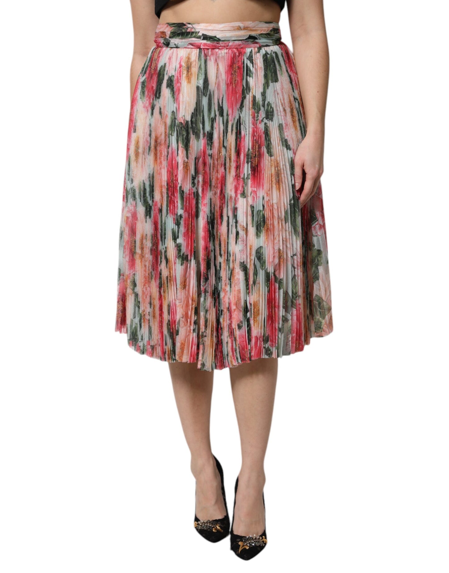 Dolce &amp; Gabbana Flerfarvet Silke Blomsterprint Højtaljet Midi Nederdel