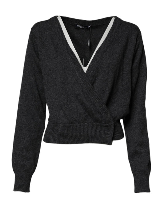 Dolce &amp; Gabbana Grå Cashmere Pullover med Dyb V-hals