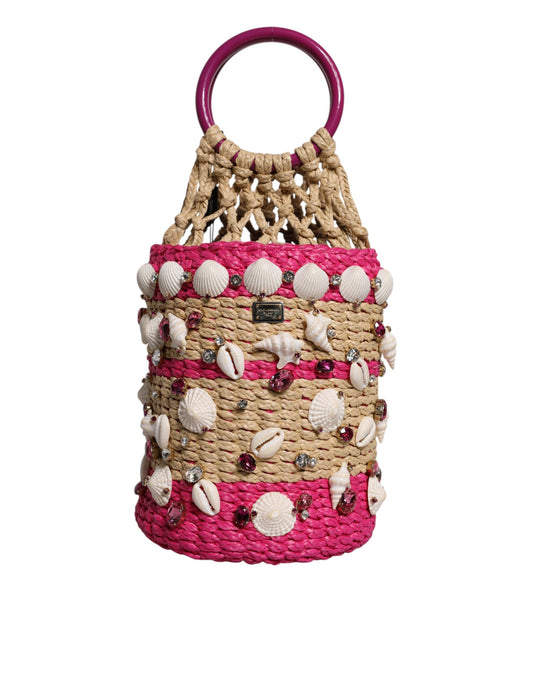 Dolce &amp; Gabbana Flerfarvet Bucket Raffia Muslingeskaller Krystaller Håndtaske